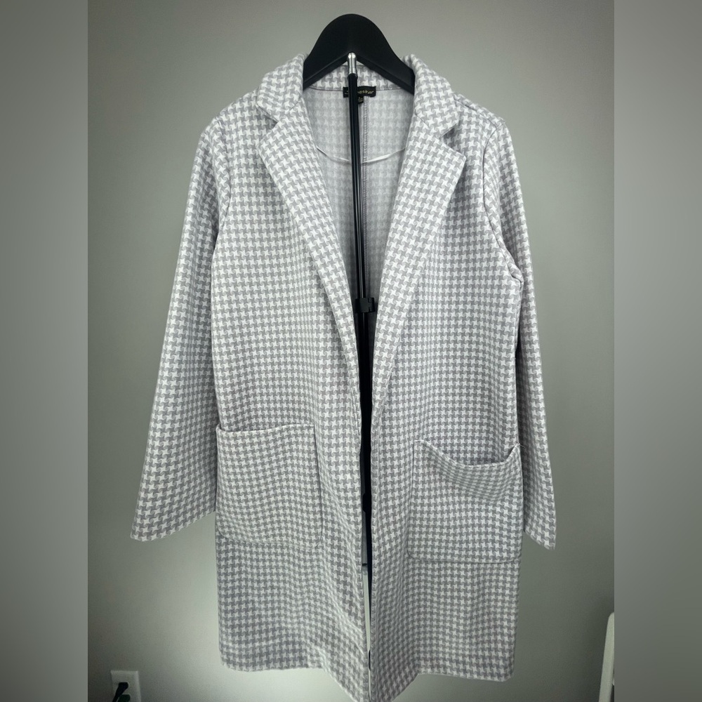 Shinestar Houndstooth Open Front Trench Coat Gray Lavender Small SJ5402